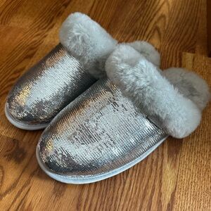 UGG Women’s Silver Sequin Slippers with Gray Fur Trim